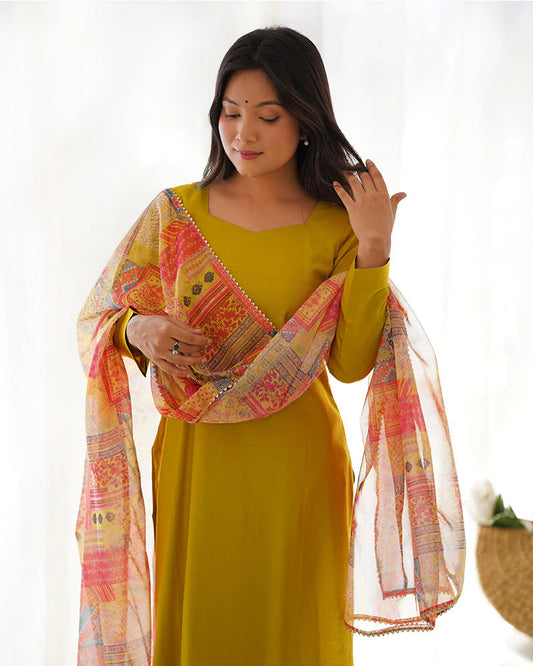 Mustard Straight Kurta Pant Set with Printed Dupatta for Women | Elegant Ethnic Wear by Jagraa