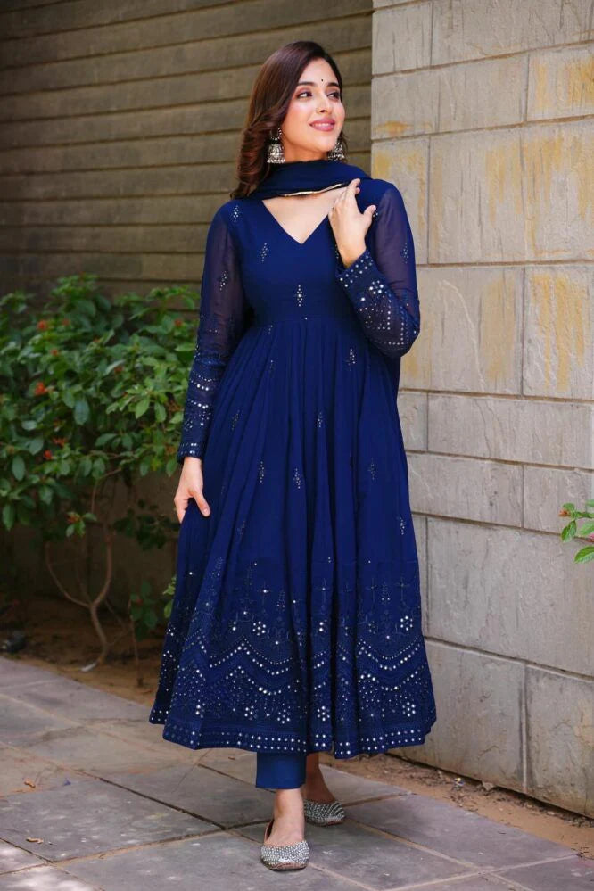Navy Blue Georgette Anarkali Suit Set with Dupatta for Women Festive & Party Wear by Jagraa