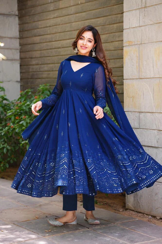 Navy Blue Georgette Anarkali Suit Set with Dupatta for Women Festive & Party Wear by Jagraa