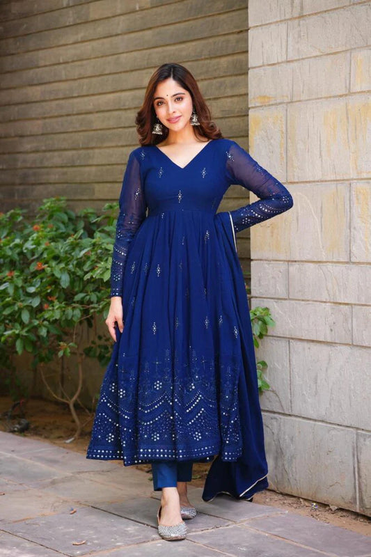 Navy Blue Georgette Anarkali Suit Set with Dupatta for Women Festive & Party Wear by Jagraa
