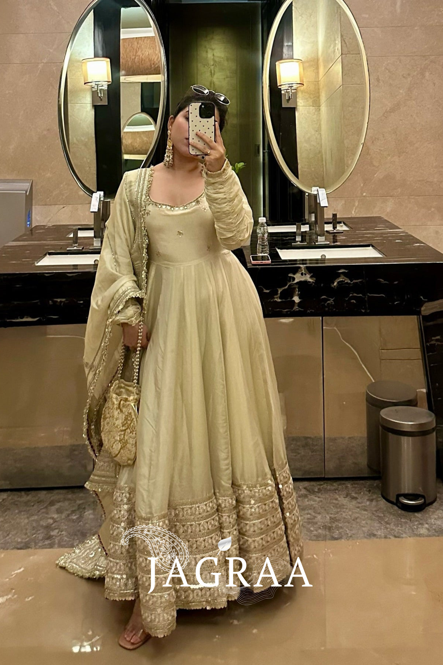 Neha’s Beige Dress Festive Anarkali Suit Set For Wedding & Diwali Outfit