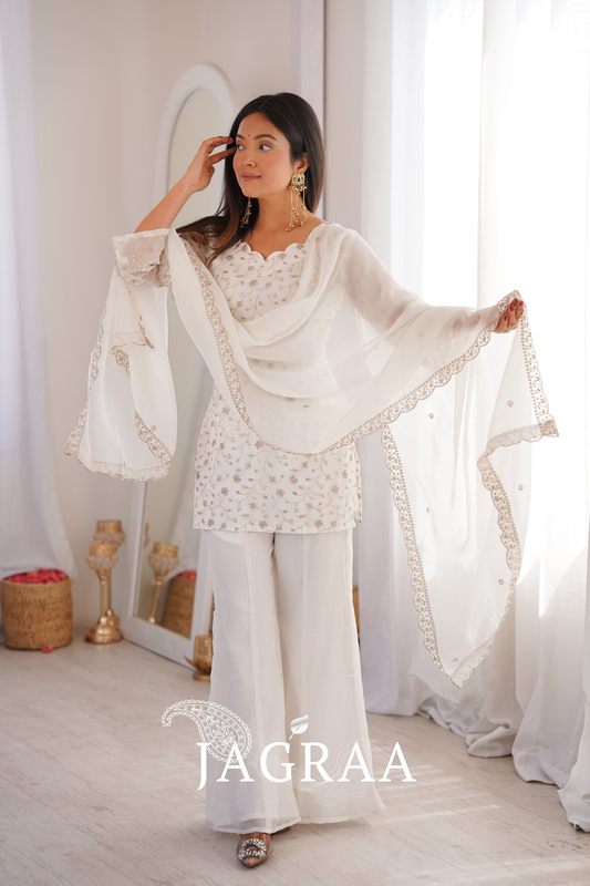 Off-White Color Crunchy Silk Embroidered Plazzo Suit