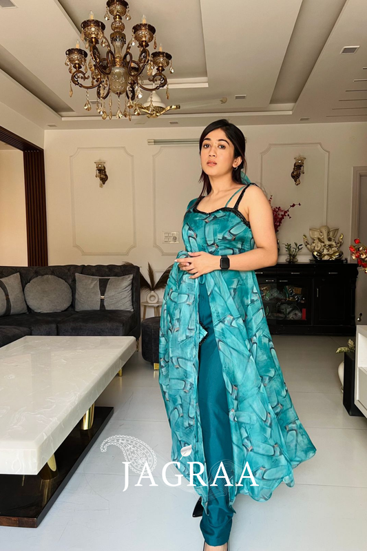 Opulent Organza Silk Aqua Blue Party Wear Dress