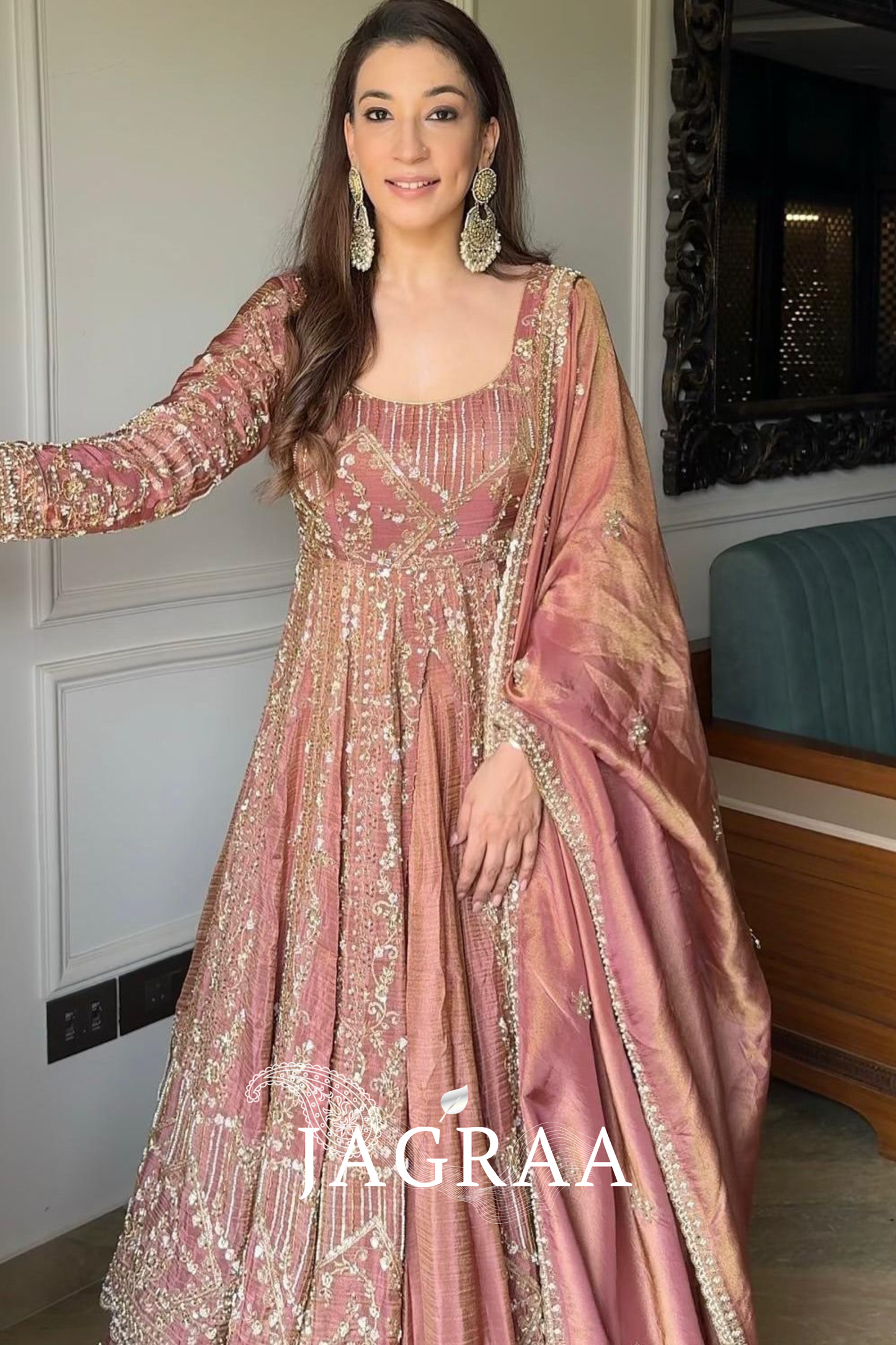 Peach Crunchy Silk Heavy Embroidery Gown with Lahenga And Dupatta
