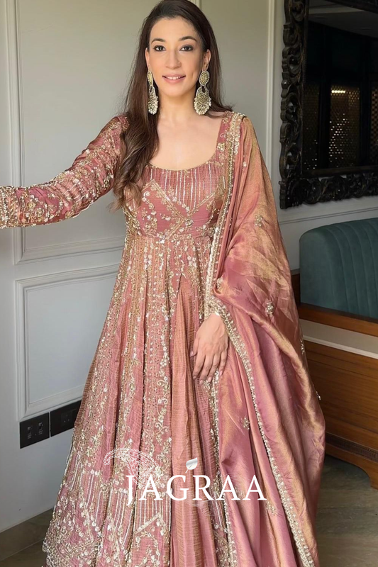 Peach Crunchy Silk Heavy Embroidery Gown with Lahenga And Dupatta