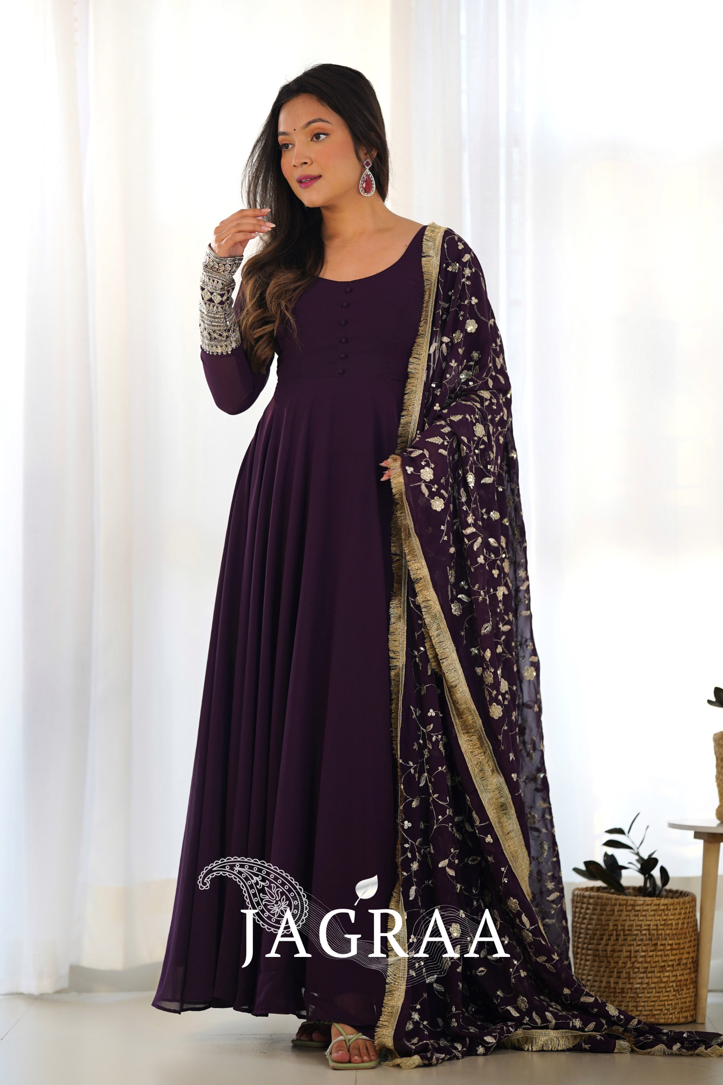 Presenting New Wine Georgette Gown Dupatta Full Set With Pent Ready To Wear
