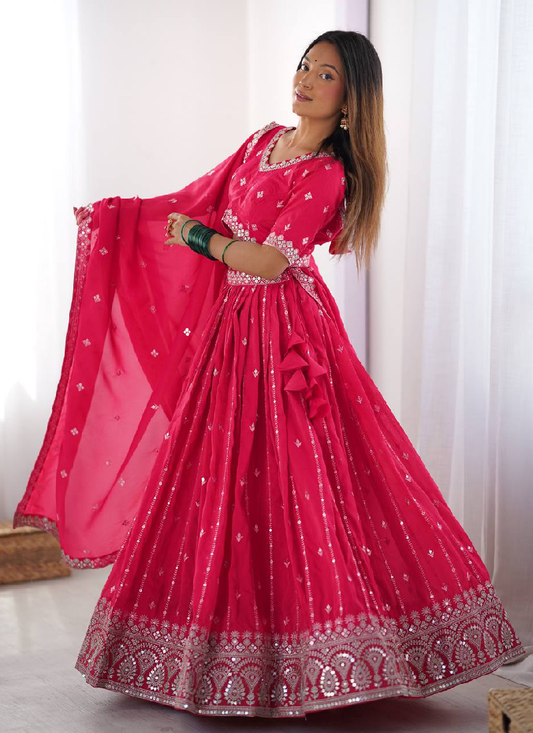 Prettiest Silk Zari Embroidery Work Pink Festival Wear Lehenga Choli