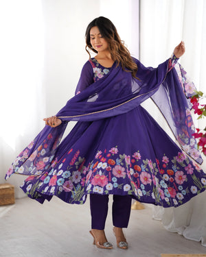 Purple Floral Print Anarkali Suit Set with Dupatta for Women | Elegant Party Wear by Jagraa