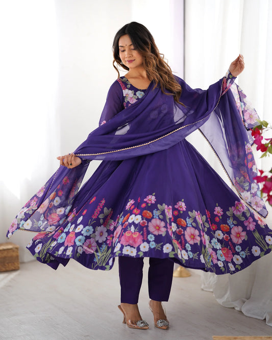 Purple Floral Print Anarkali Suit Set with Dupatta for Women | Elegant Party Wear by Jagraa