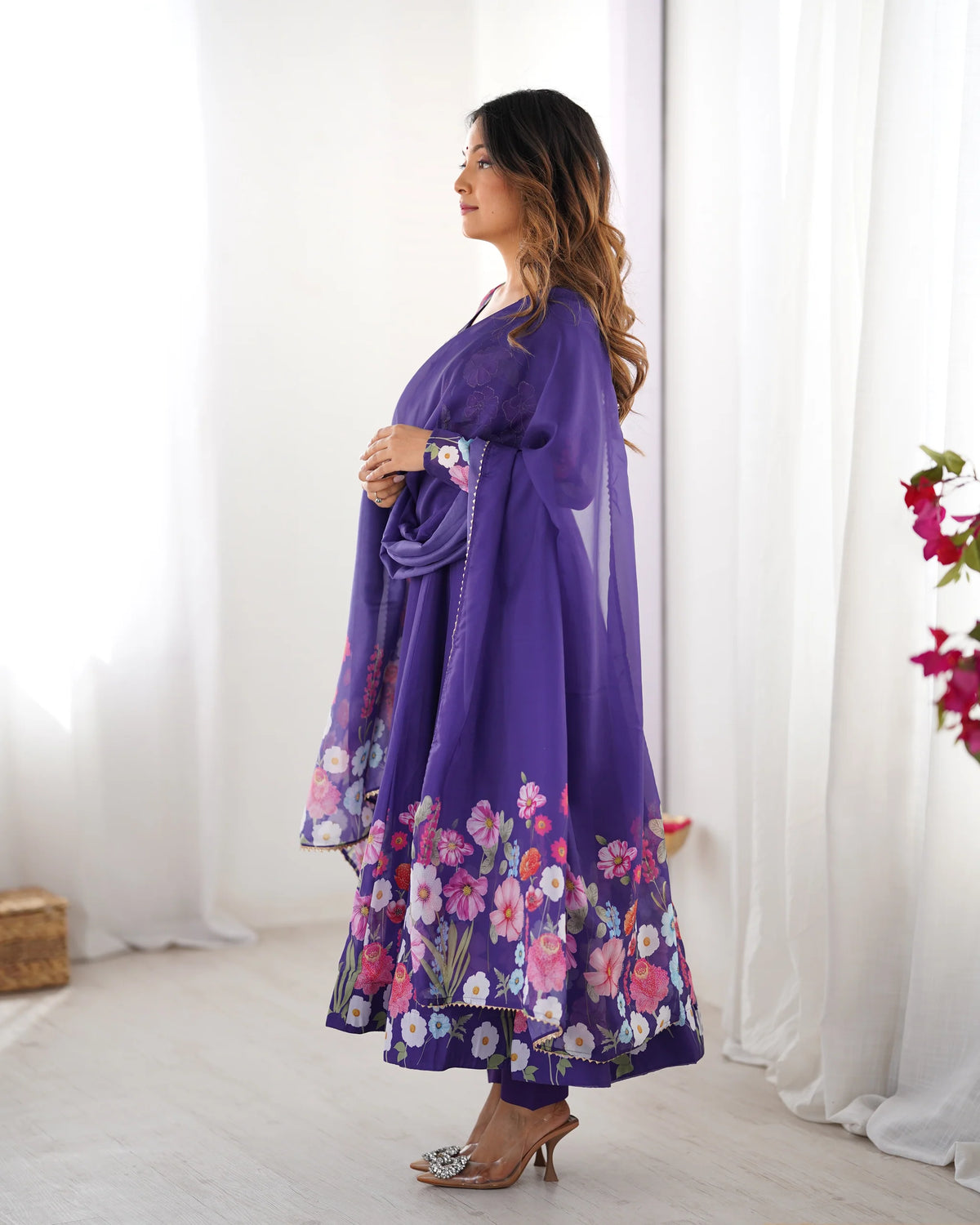 Purple Floral Print Anarkali Suit Set with Dupatta for Women | Elegant Party Wear by Jagraa
