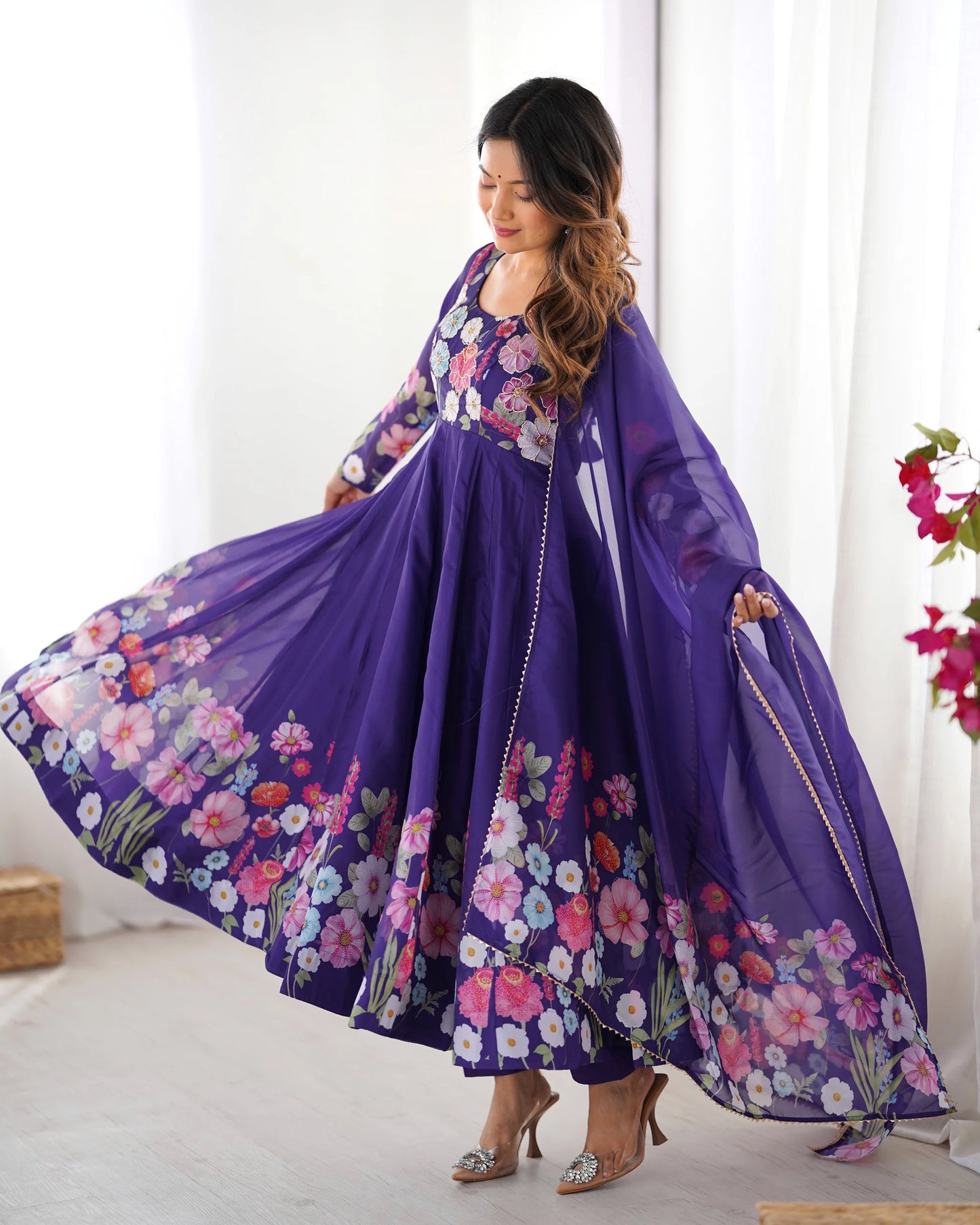 Purple Floral Print Anarkali Suit Set with Dupatta for Women | Elegant Party Wear by Jagraa