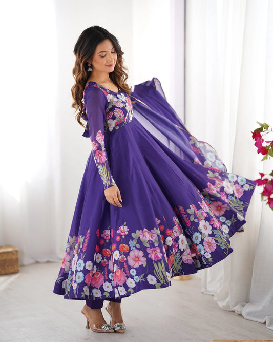 Purple Floral Print Anarkali Suit Set with Dupatta for Women | Elegant Party Wear by Jagraa