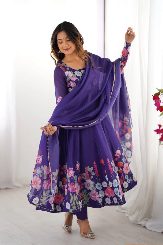 Purple Floral Print Anarkali Suit Set with Dupatta for Women | Elegant Party Wear by Jagraa