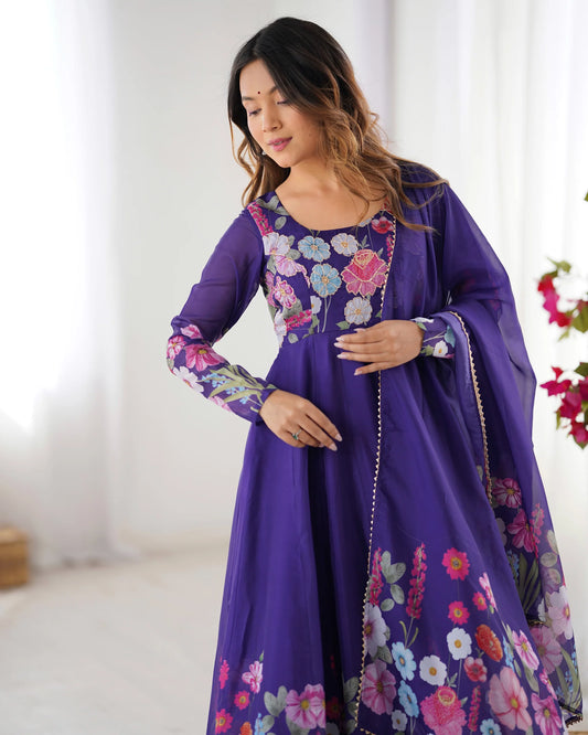 Purple Floral Print Anarkali Suit Set with Dupatta for Women | Elegant Party Wear by Jagraa
