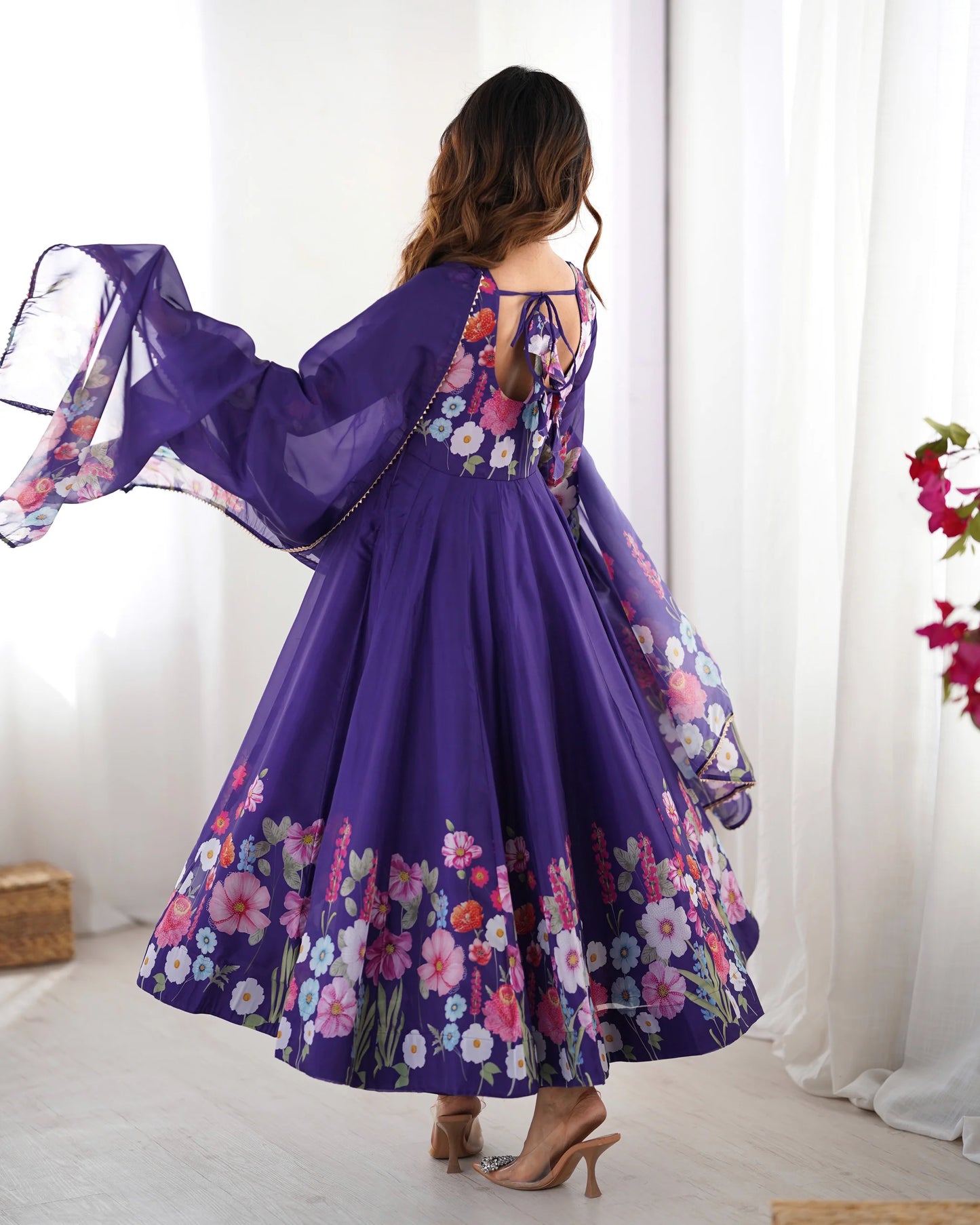 Purple Floral Print Anarkali Suit Set with Dupatta for Women | Elegant Party Wear by Jagraa