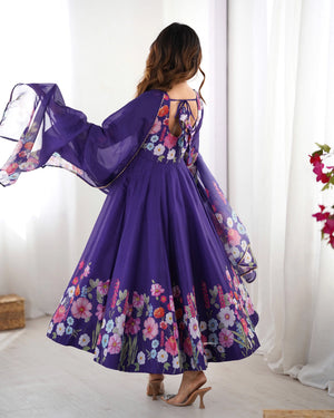 Purple Floral Print Anarkali Suit Set with Dupatta for Women | Elegant Party Wear by Jagraa