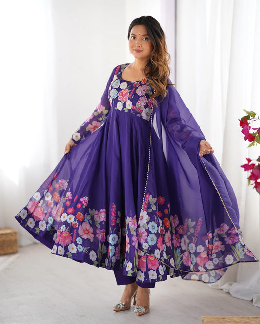 Purple Floral Print Anarkali Suit Set with Dupatta for Women | Elegant Party Wear by Jagraa