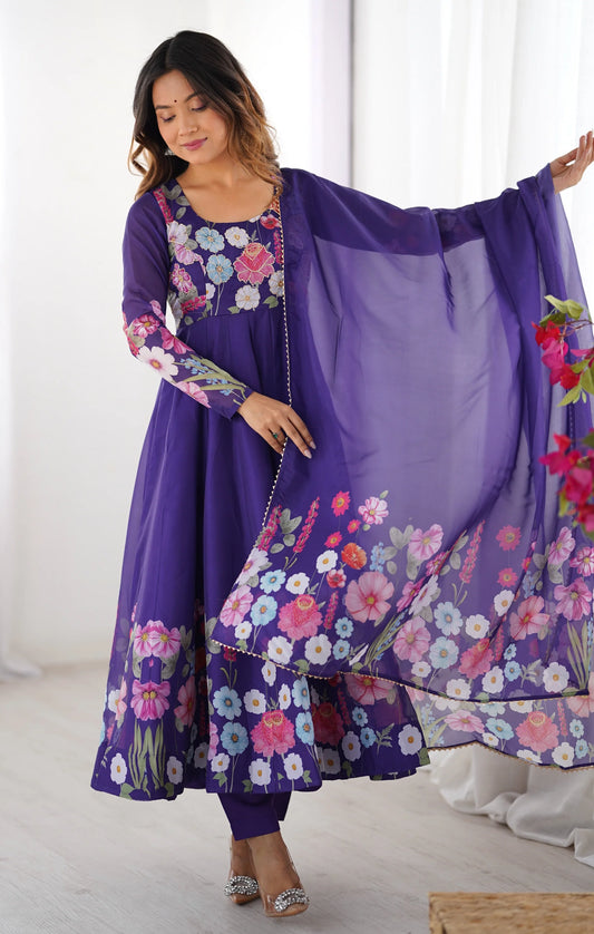Purple Floral Print Anarkali Suit Set with Dupatta for Women | Elegant Party Wear by Jagraa