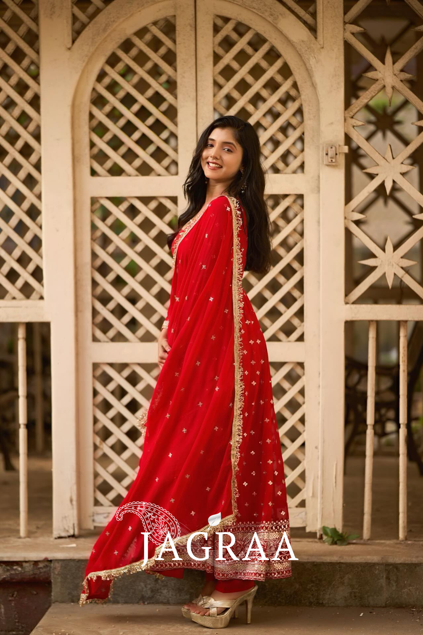 Radiance Red Anarkali Suit with Dupatta – Perfect Durga Puja & Karwa Chauth Dress