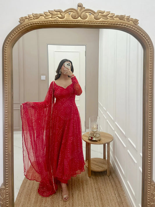 Red Bandhani Print Anarkali Suit Set with Dupatta for Women Festive Party Wear by Jagraa