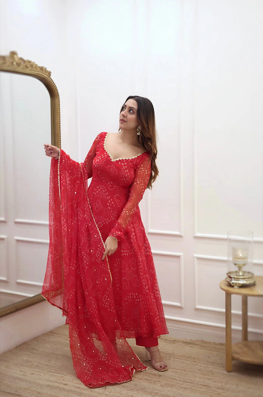 Red Bandhani Print Anarkali Suit Set with Dupatta for Women Festive Party Wear by Jagraa