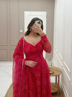 Red Bandhani Print Anarkali Suit Set with Dupatta for Women Festive Party Wear by Jagraa
