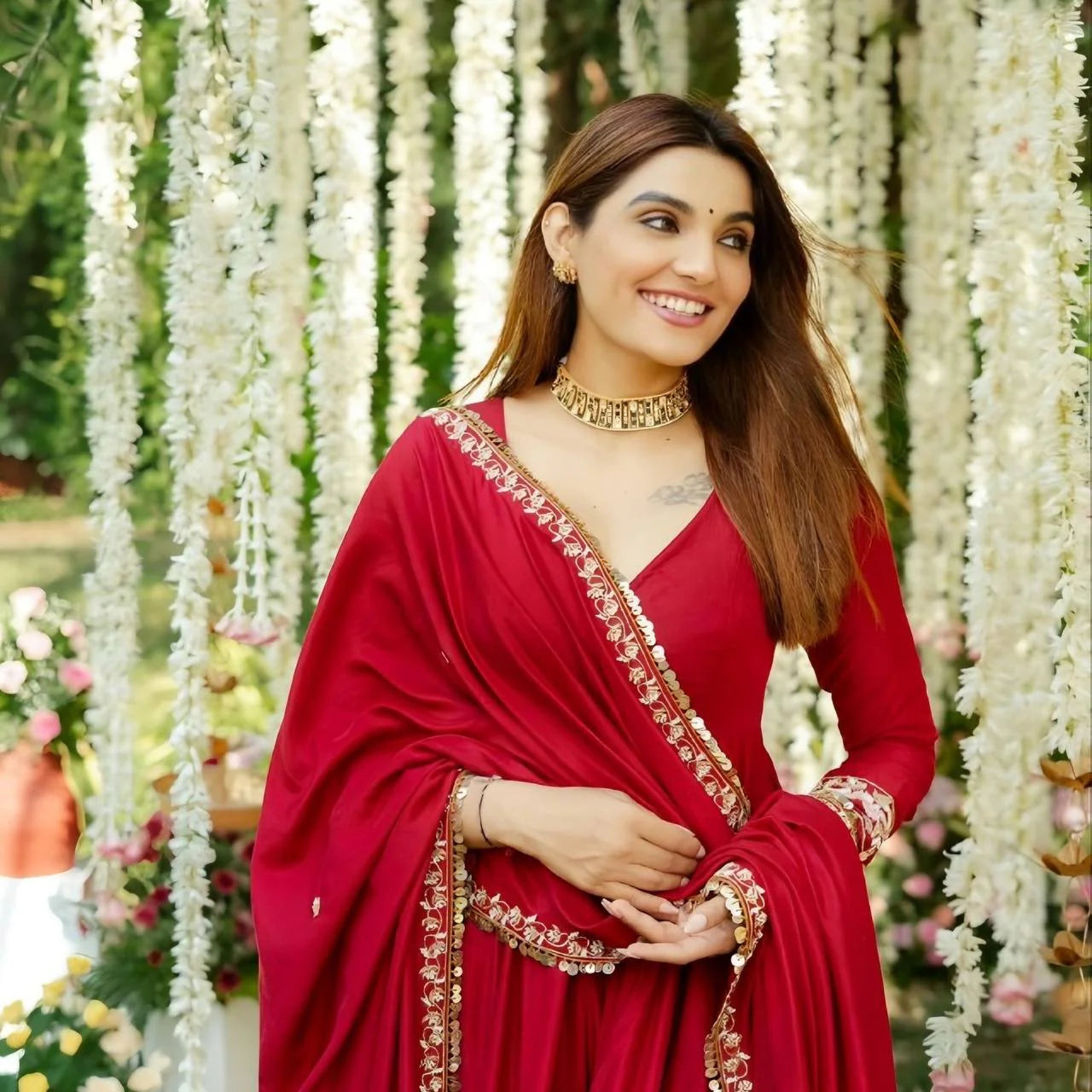 Red Embroidered Anarkali Suit Set with Dupatta for Women Festive Ethnic Wear by Jagraa