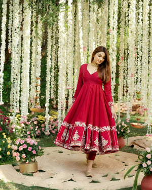 Red Embroidered Anarkali Suit Set with Dupatta for Women Festive Ethnic Wear by Jagraa