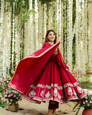 Red Embroidered Anarkali Suit Set with Dupatta for Women Festive Ethnic Wear by Jagraa