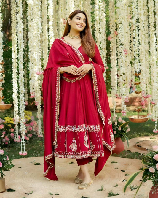 Red Embroidered Anarkali Suit Set with Dupatta for Women Festive Ethnic Wear by Jagraa