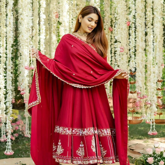 Red Embroidered Anarkali Suit Set with Dupatta for Women Festive Ethnic Wear by Jagraa