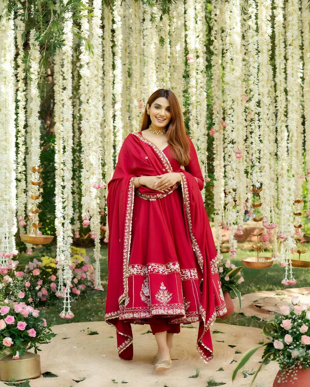 Red Embroidered Anarkali Suit Set with Dupatta for Women Festive Ethnic Wear by Jagraa