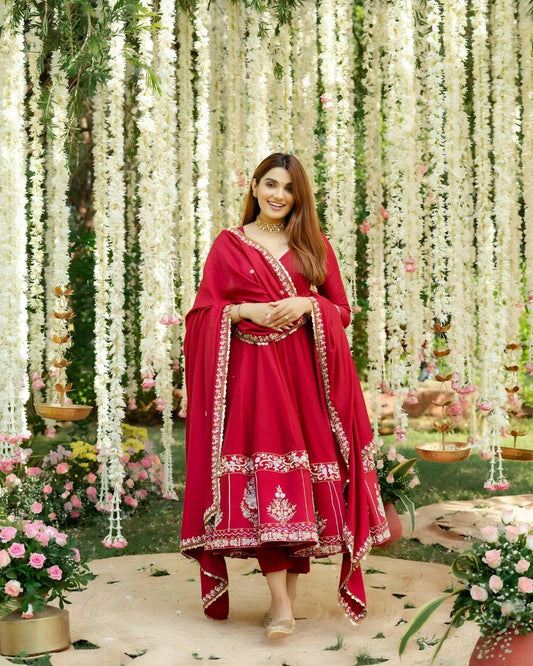 Red Embroidered Anarkali Suit Set with Dupatta for Women Festive Ethnic Wear by Jagraa