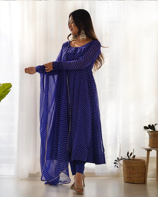 Royal Blue Striped Anarkali Suit Set with Dupatta for Women | Elegant Ethnic Wear by Jagraa
