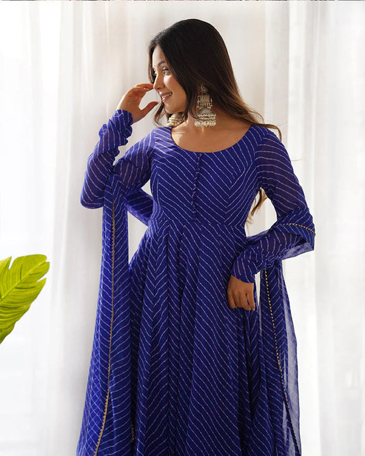 Royal Blue Striped Anarkali Suit Set with Dupatta for Women | Elegant Ethnic Wear by Jagraa