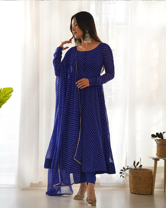 Royal Blue Striped Anarkali Suit Set with Dupatta for Women | Elegant Ethnic Wear by Jagraa