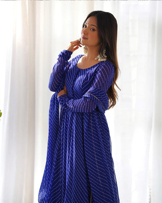 Royal Blue Striped Anarkali Suit Set with Dupatta for Women | Elegant Ethnic Wear by Jagraa