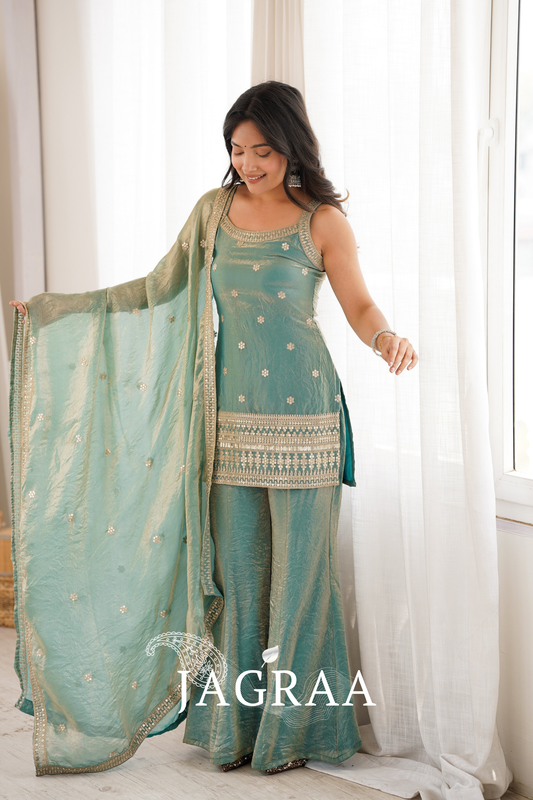 Sea Green Color Fendi Silk Embroidered Plazzo Suit