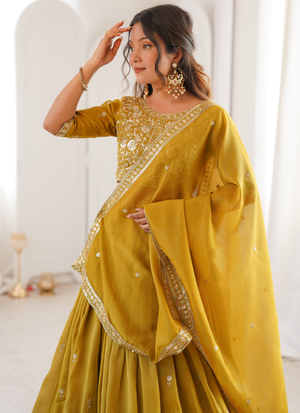 Sequence Embroidered Shimmer Silk Haldi Special Yellow Lehenga Choli