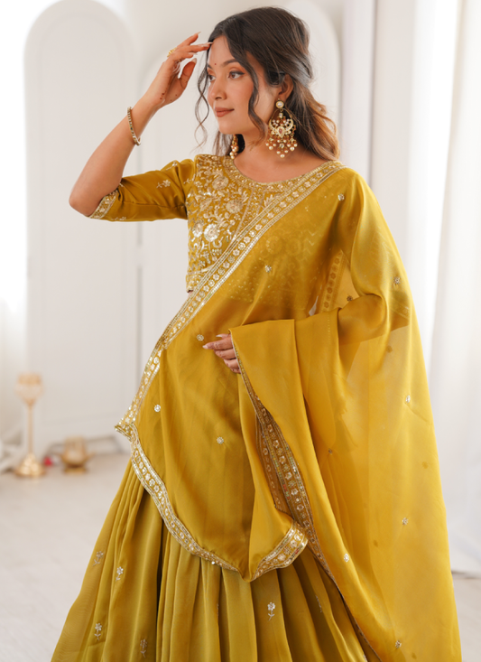Sequence Embroidered Shimmer Silk Haldi Special Yellow Lehenga Choli