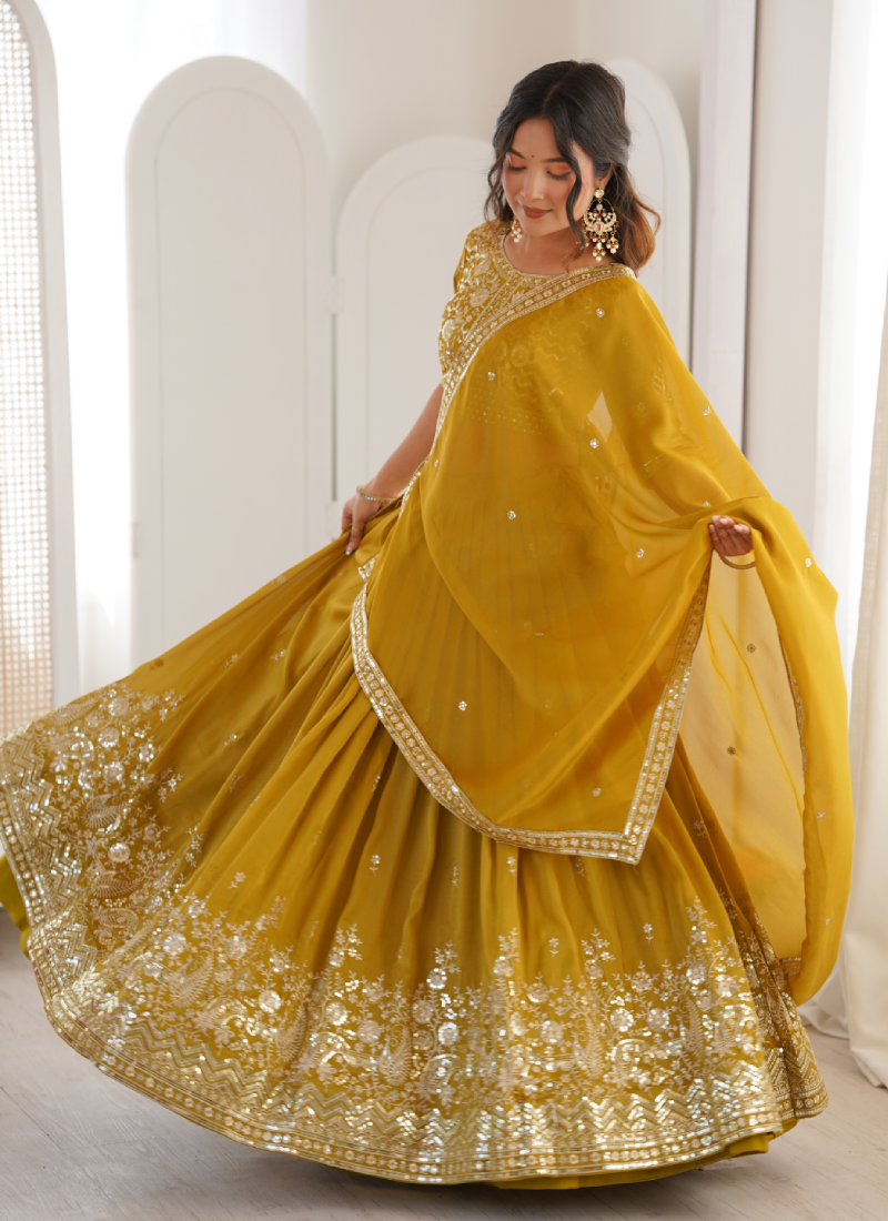 Sequence Embroidered Shimmer Silk Haldi Special Yellow Lehenga Choli