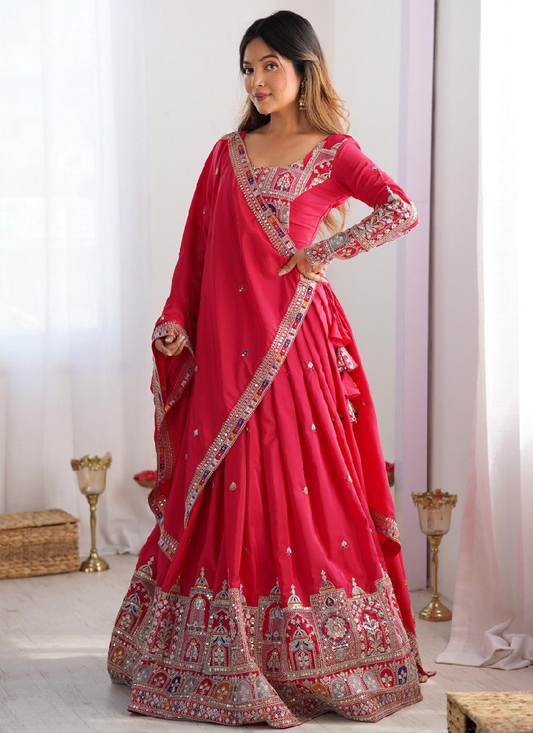 Sequence Embroidery Work Crepe Silk Red Lehenga Choli For Wedding