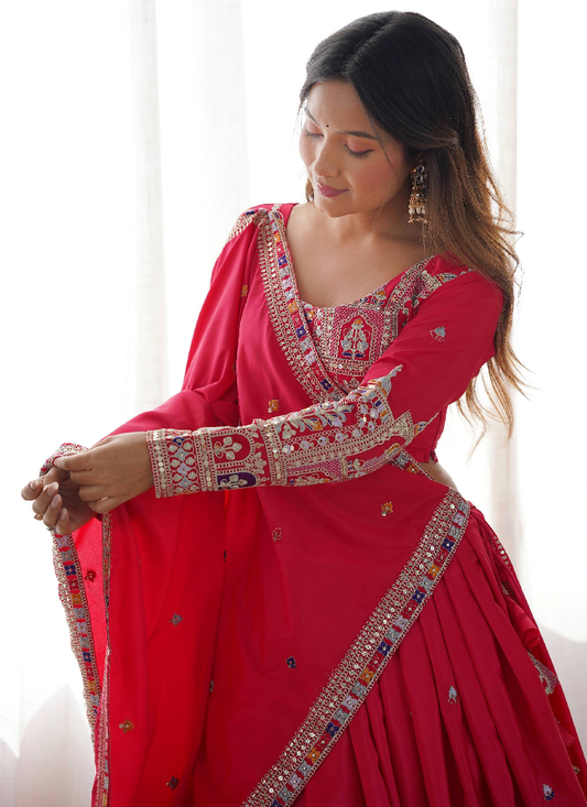 Sequence Embroidery Work Crepe Silk Red Lehenga Choli For Wedding