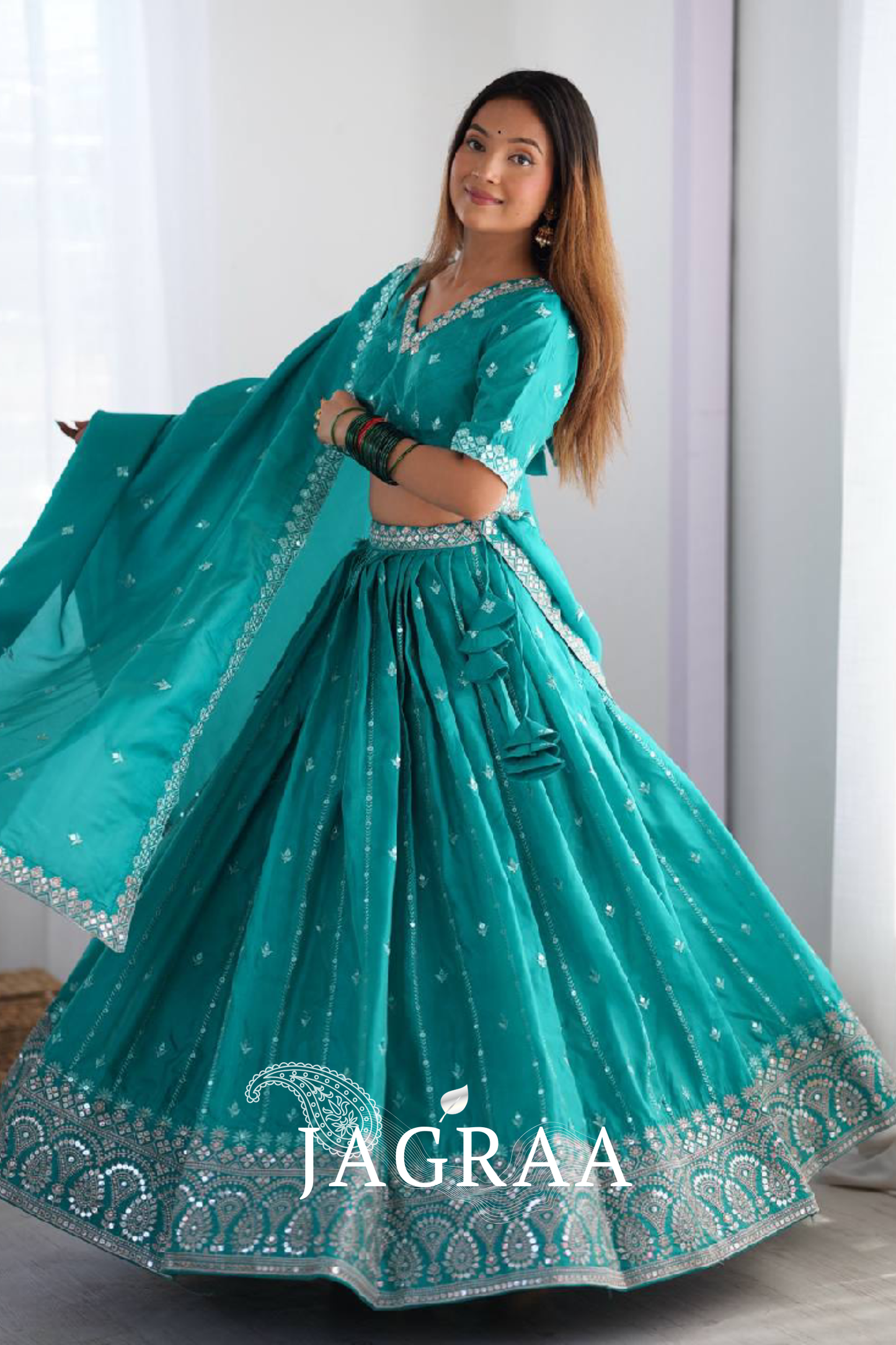 Silk Sequence Embroidery Rama Green Lehenga Choli With Dupatta