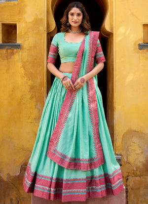 Sky Blue Thread Embroidered Pure Chanderi Women's Lehenga Choli Sets