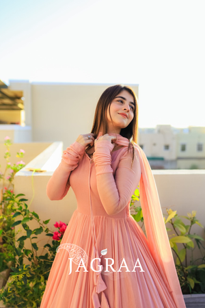 Solid Long Flair Double Layered Anarkali With Dupatta