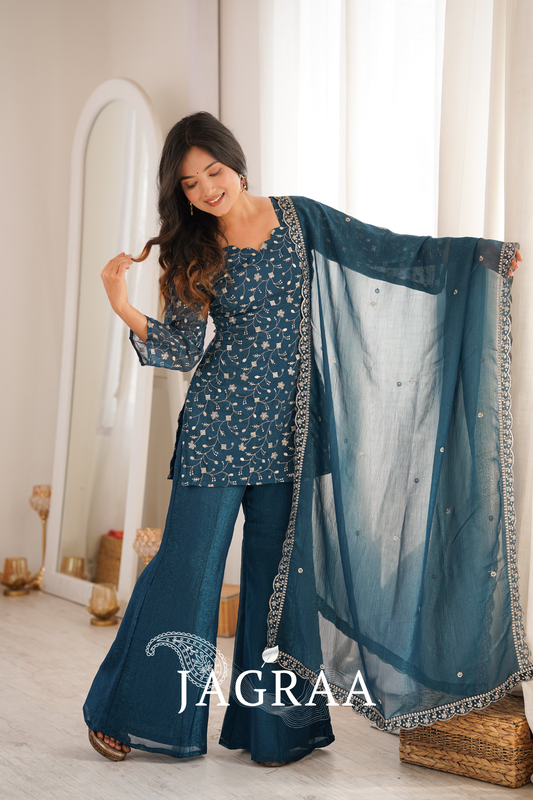 Teal Blue Color Crunchy Silk Embroidered Plazzo Suit