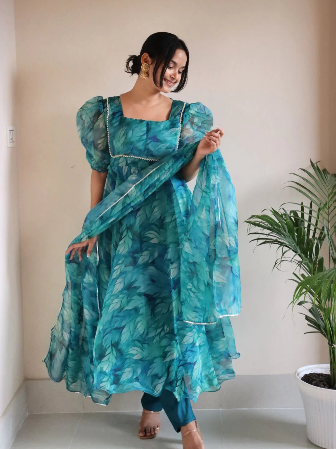 Teal Blue Floral Organza Anarkali Suit Set for Women | Elegant Party Wear by Jagraa