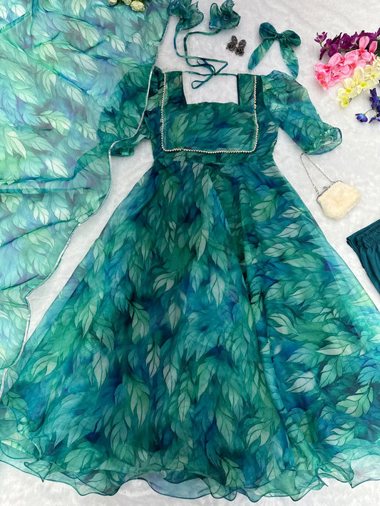 Teal Blue Floral Organza Anarkali Suit Set for Women | Elegant Party Wear by Jagraa