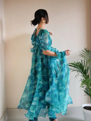 Teal Blue Floral Organza Anarkali Suit Set for Women | Elegant Party Wear by Jagraa